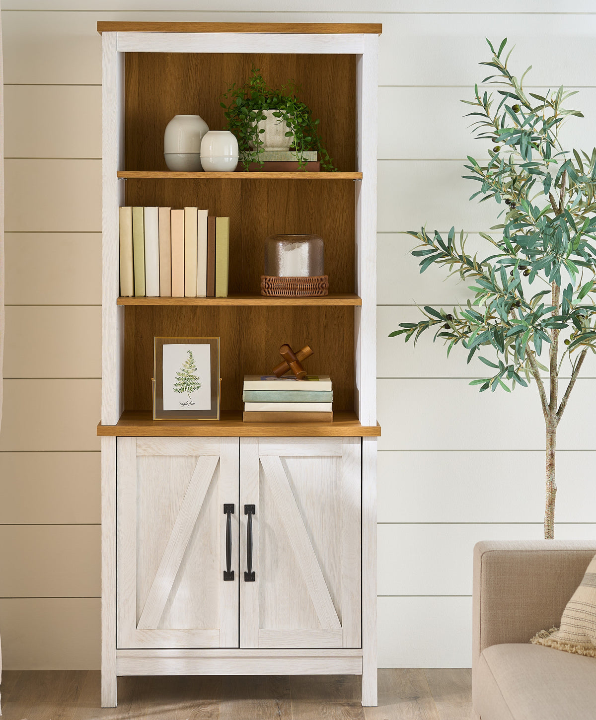 Better Homes & Gardens Modern Farmhouse Bookcase with Doors, Alabaster and Light Honey Finish