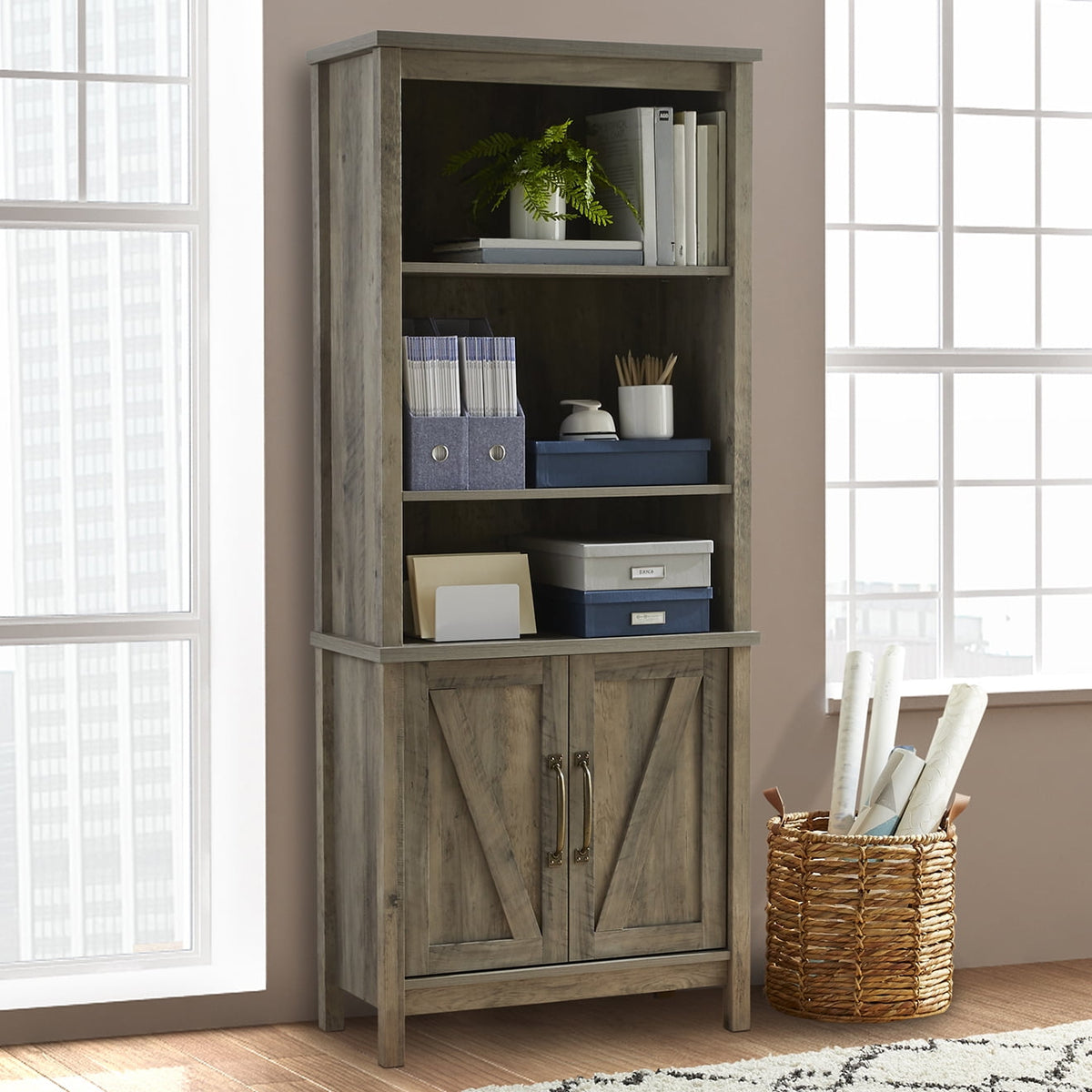 Halcyon Escape Gardens Modern Farmhouse Bookcase with Doors, Alabaster and Light Honey Finish - Bookcase