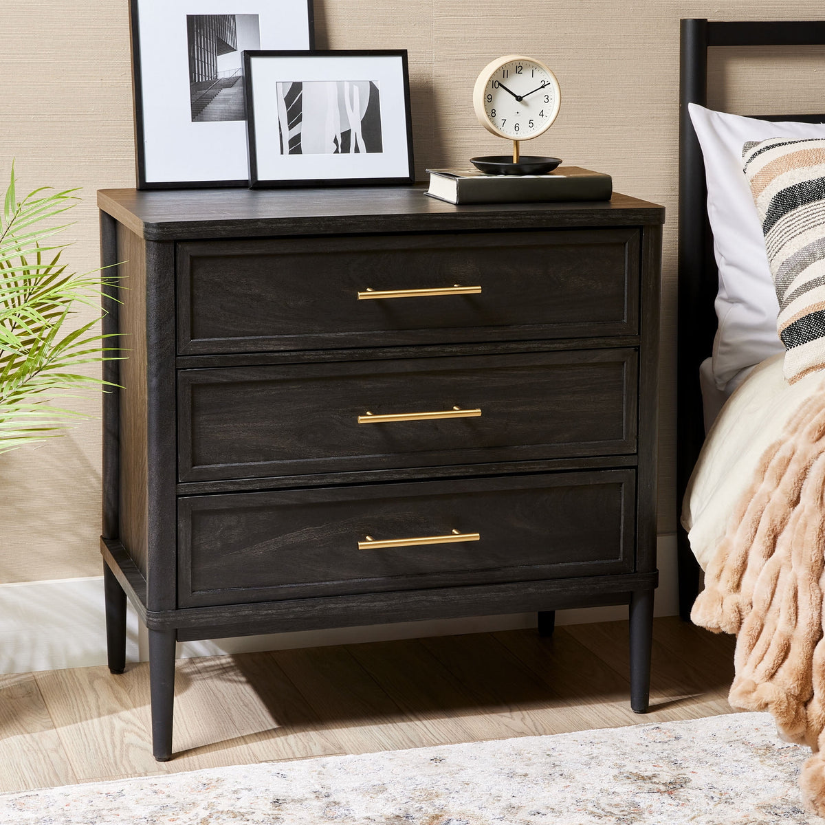 Better Homes & Gardens Oaklee 3 Drawer Nightstand with USB, Charcoal Finish