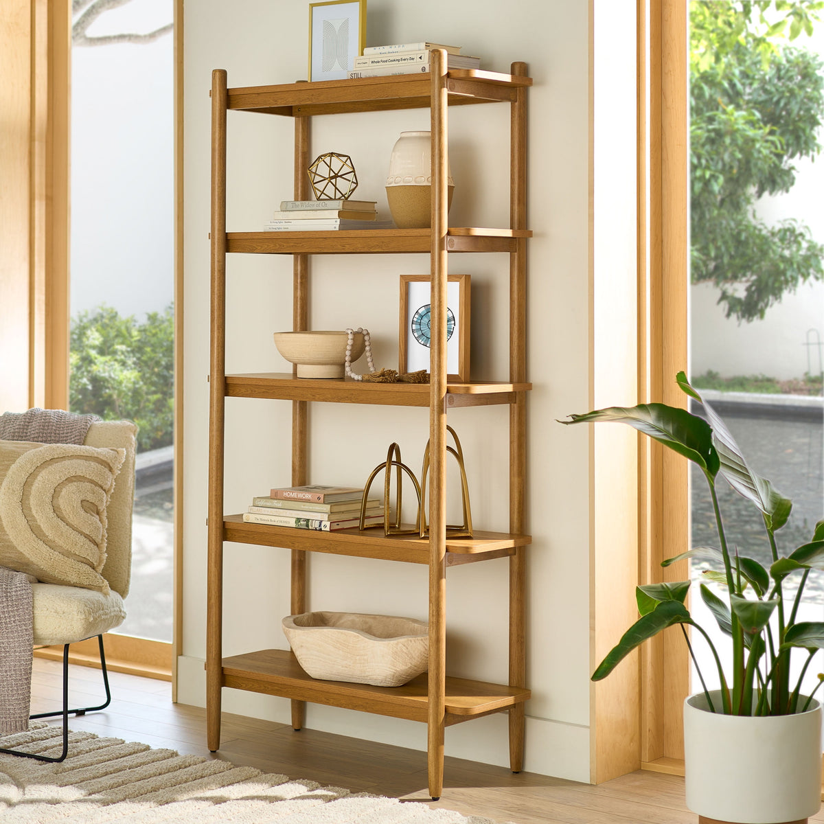 Better Homes & Gardens Springwood 5 Shelf Bookcase with Solid Wood Frame, Light Honey Finish