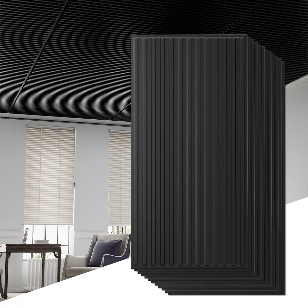 Costway 12-Pack PVC Slat Wall Panels, 3D Fluted Panels for Interior Wall Decoration Black