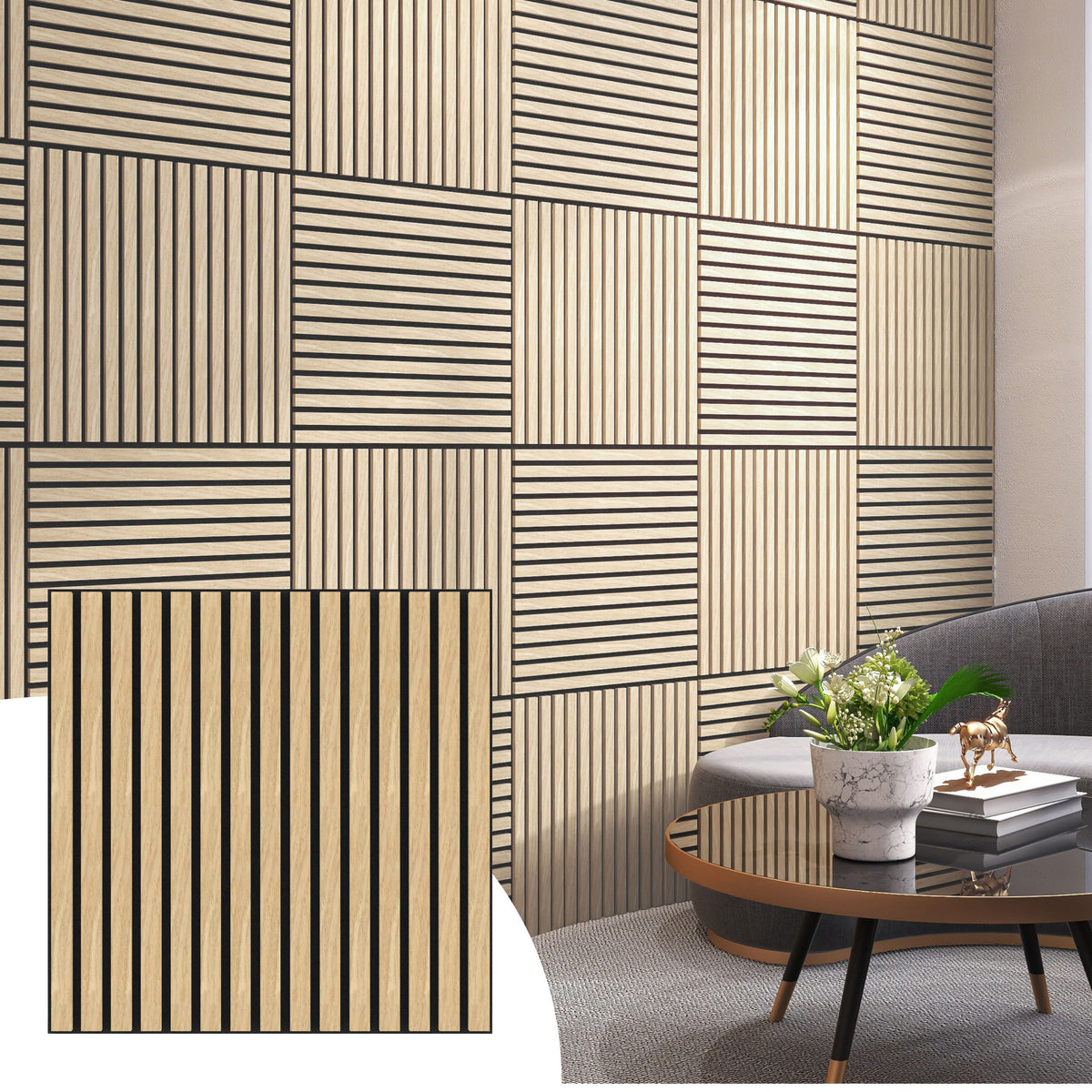 Dundee Deco Acoustic Panels, Wooden Slats for Decor and Noise Reduction - 3D Wall Panels or Ceiling Panels - Oak Beige - Set of 2, Covers 7.8 sq ft