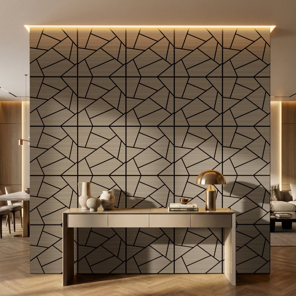 Halcyon Escape Abstract Geometric Acoustic Wood Slat Wall Tiles 4-Pack 24"x24", 3D Panel, Walnut - Wall Panel