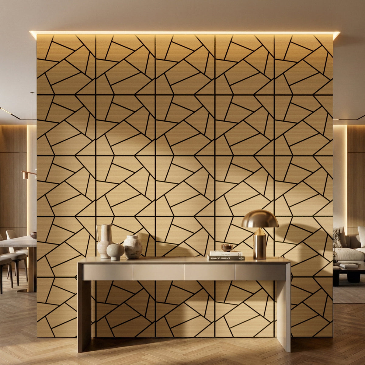 Halcyon Escape Abstract Geometric Acoustic Wood Slat Wall Tiles 4-Pack 24"x24", 3D Panel, Walnut - Wall Panel