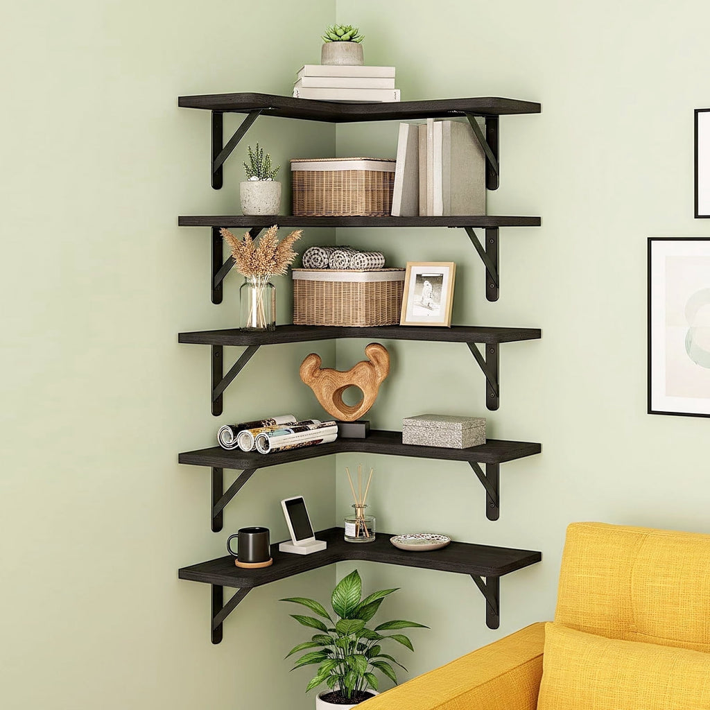 Fairy 5pcs Corner Floating Shelves for Wall, Rustic Wood Wall Shelves, 16.1x11.4 inches, Black