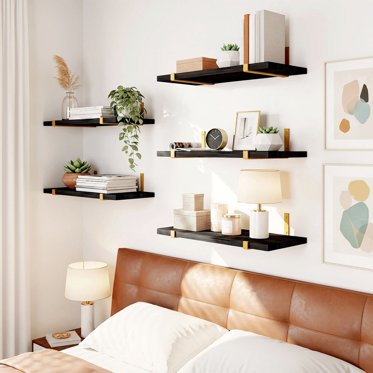 Halcyon Escape Floating Shelves, Rustic Wood Wall Storage Shelves Set of 5, 15.7in x 4.7in x 0.6in, Dark Carbonized Black - Floating Shelves