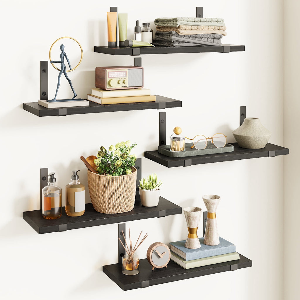 Halcyon Escape Floating Shelves, Rustic Wood Wall Storage Shelves Set of 5, 15.7in x 4.7in x 0.6in, Dark Carbonized Black - Floating Shelves
