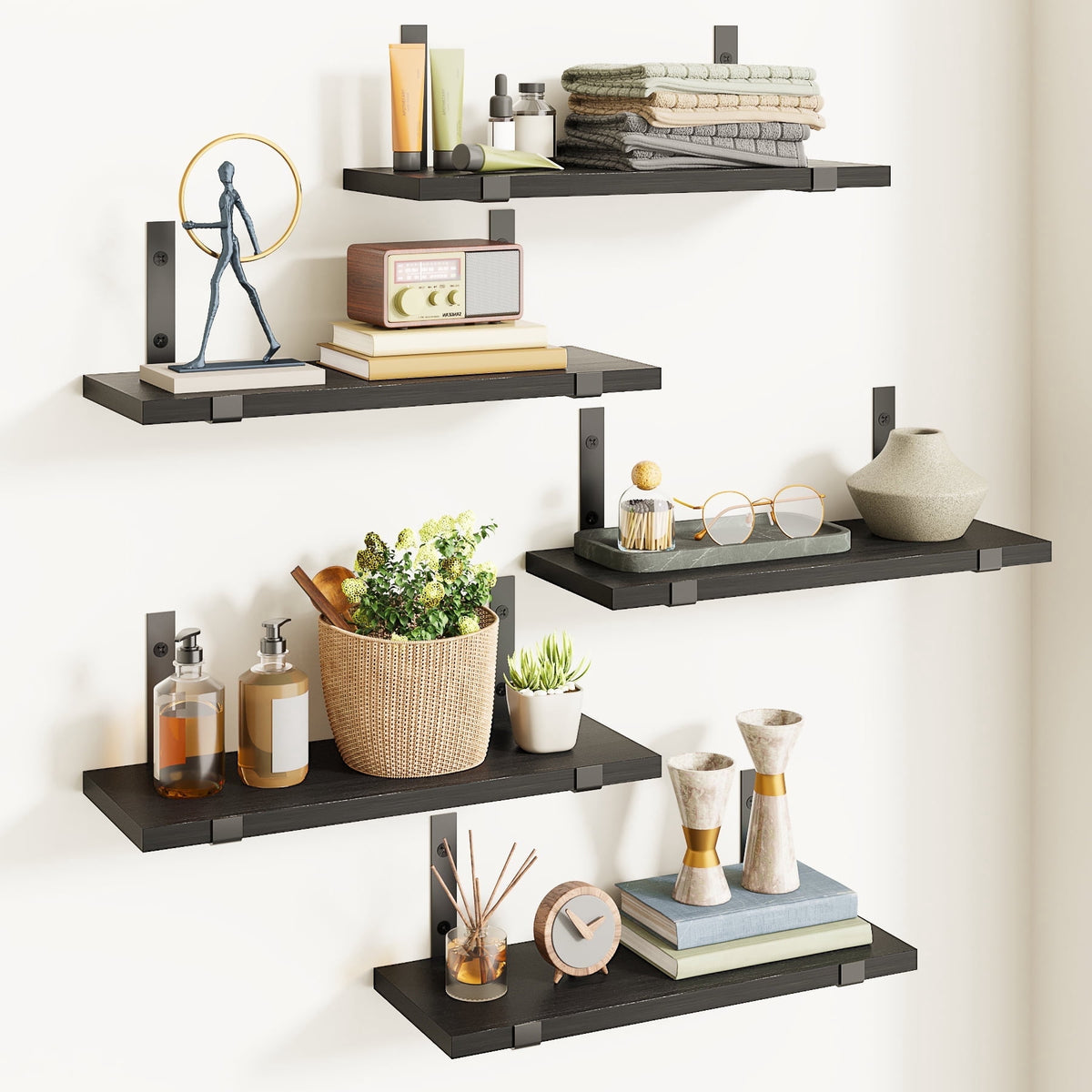 Halcyon Escape Floating Shelves, Rustic Wood Wall Storage Shelves Set of 5, 15.7in x 4.7in x 0.6in, Dark Carbonized Black - Floating Shelves