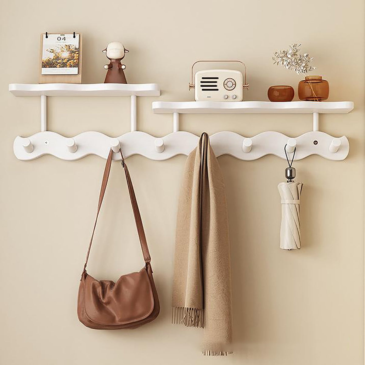 Halcyon Escape Shelves with Hooks,Coat Rack Shelf Wall Mounted,Wood Coat Rack,for Bedroom, Living Room, Bathroom, Kitchen, Picture Ledge,with 8 Hooks - Floating Shelves