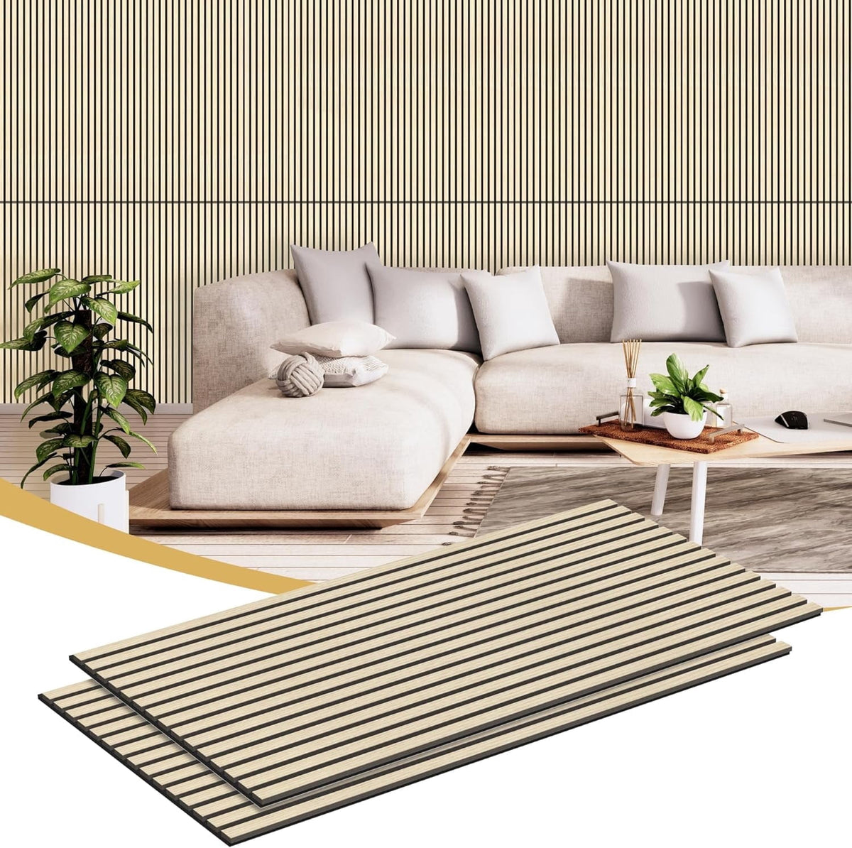 INTIGE Wood Slat Wall Panel 2 Pcs Soundproof Wall Panels 47.2 x 23.6 in Wood Wall Panels 3D Sound Dampening Panels Wall Decoration - Oak