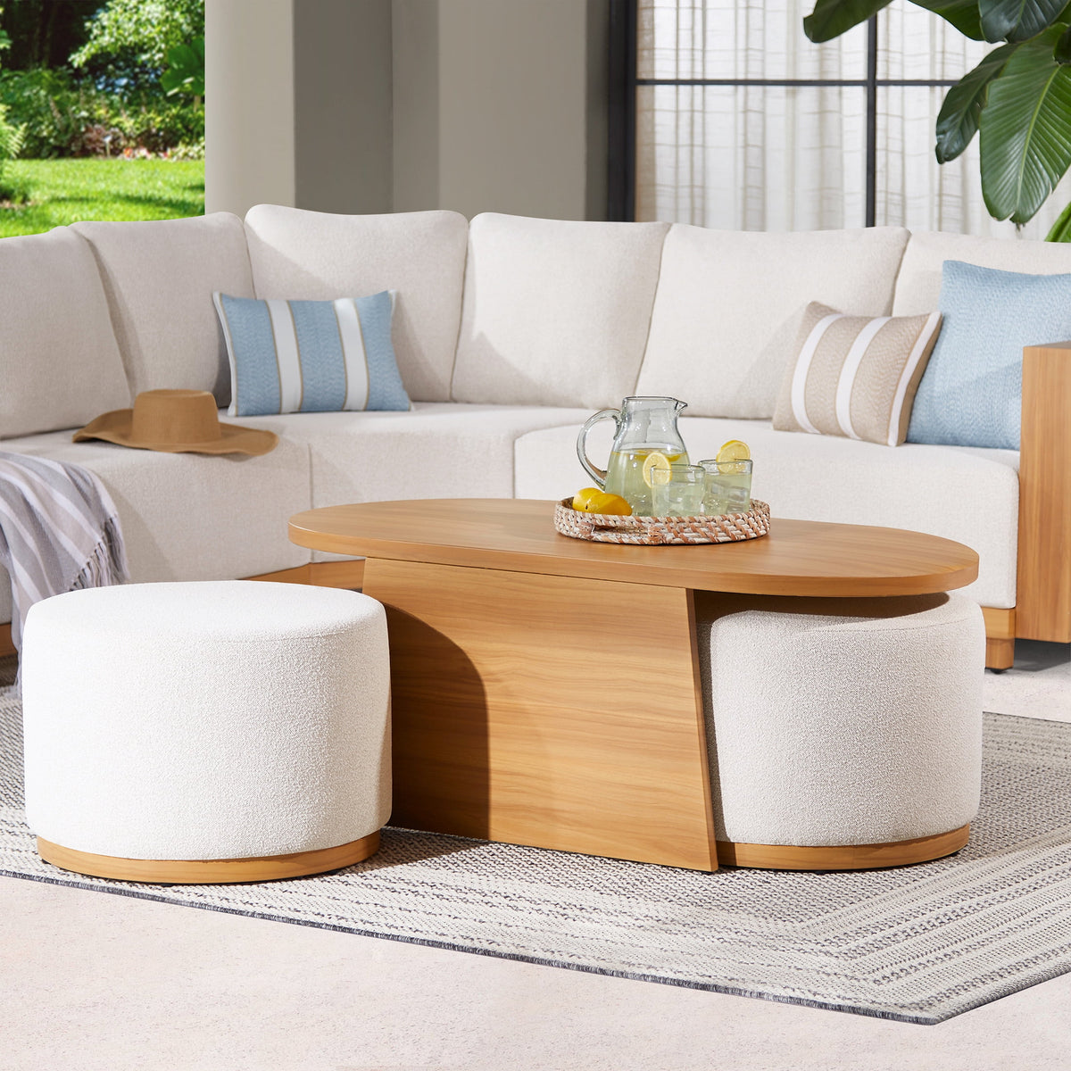 Better Homes & Gardens Juliet Outdoor Coffee Table with 2 Ottomans and Patio Cover, Beige