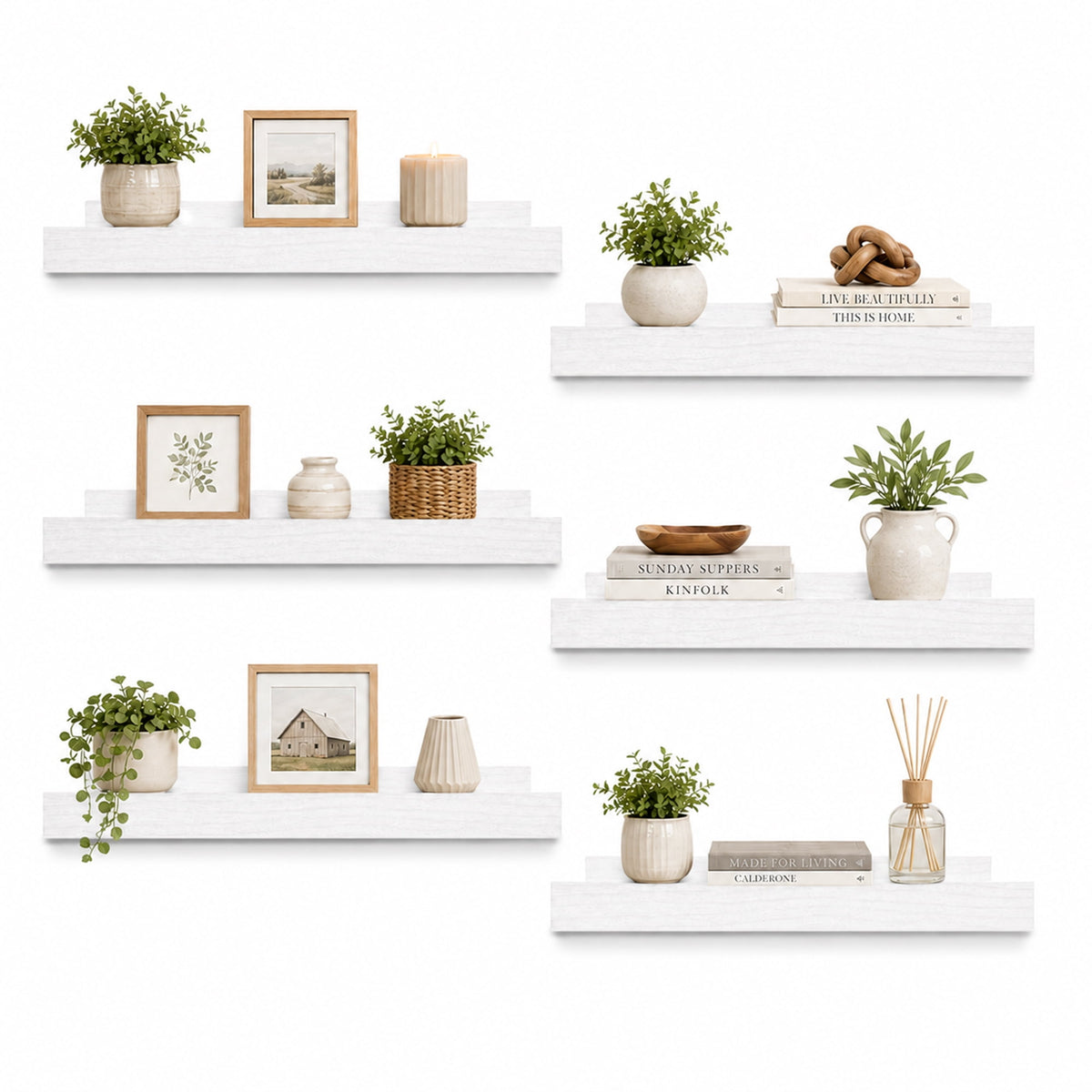 Halcyon Escape Floating Shelves for Wall, 15.7In Brown Wall Shelves for Decor Storage Set of 6, Wall Mounted Wood Shelves for Bedroom, Living Room, Bathroom, Kitchen - Floating Shelves