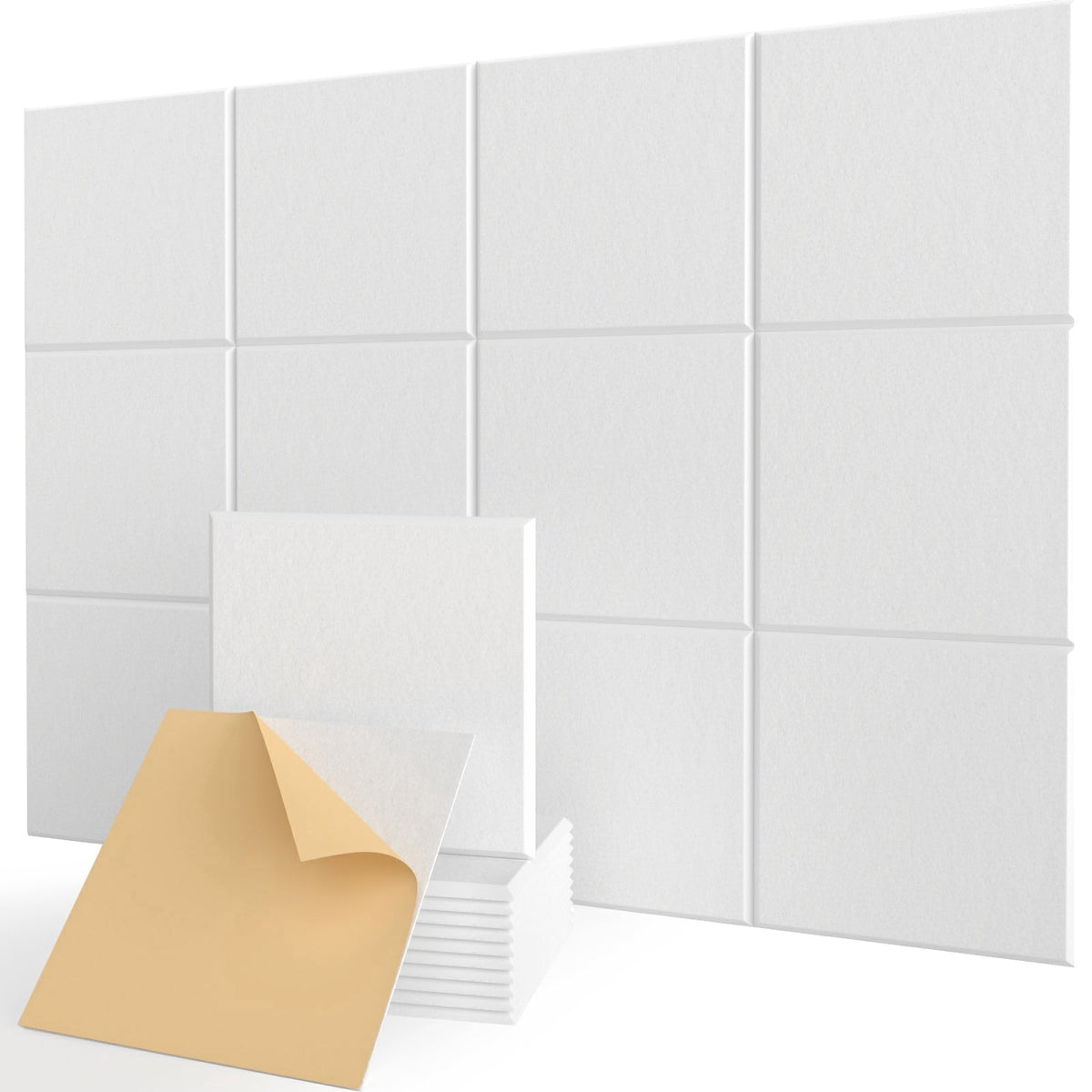 Kuchoow 12 Pack Acoustic Panels Self-Adhesive Sound Panel for Recording Studio, Square Sound Absorbing Panel Acoustical Treatments Wall Tiles for Room Bedroom Gaming, White 12"x12"x0.4"