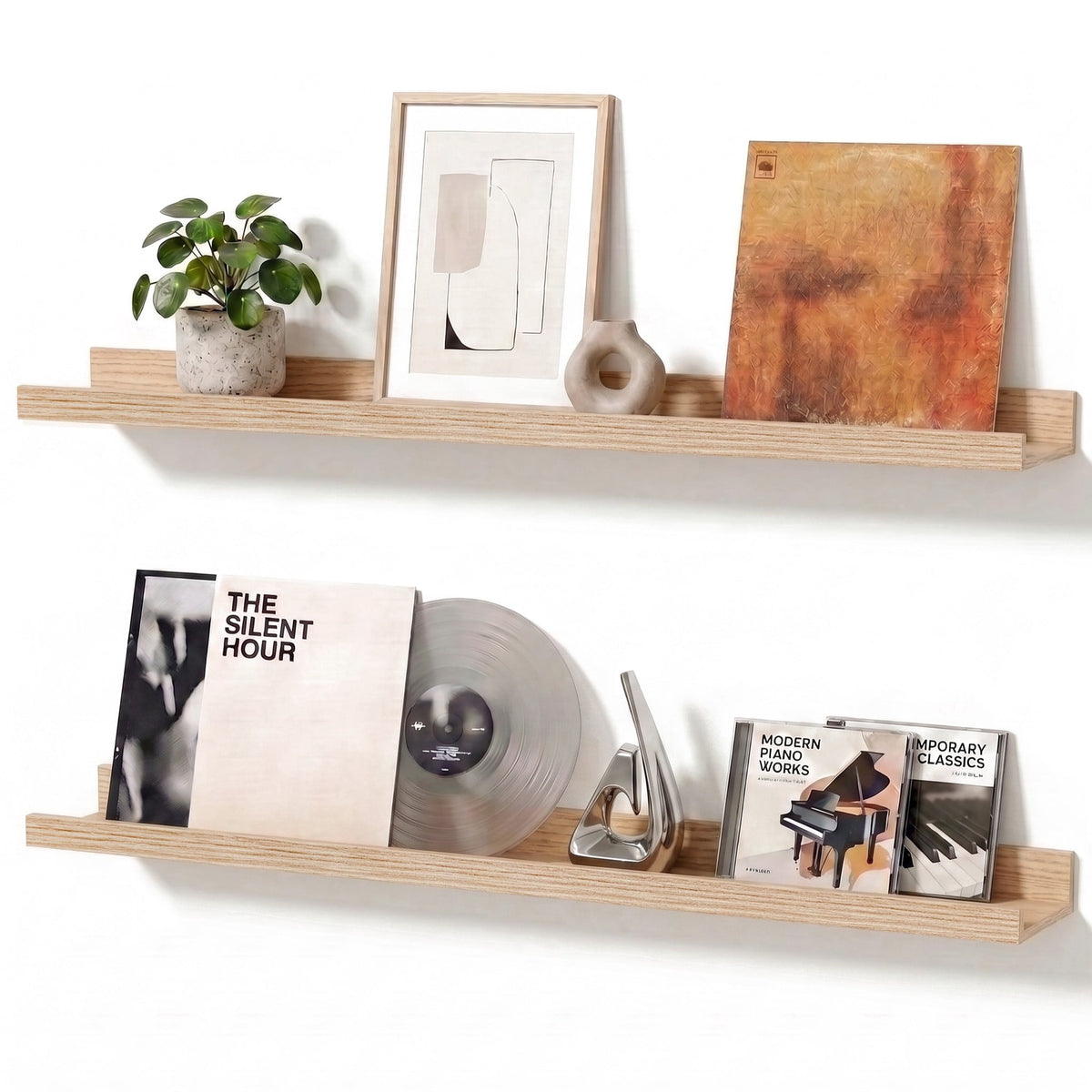 Mifurn Oak Wood Floating Shelf for Wall, 23.6 Inch Picture Ledge, Set of 2 for Bedroom and Living Room