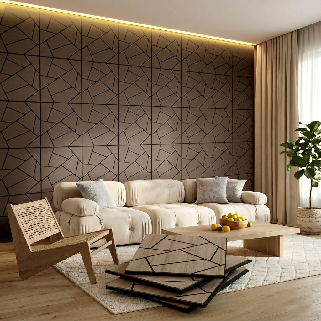 Halcyon Escape Abstract Polygon Acoustic Wood Slat Wall Tiles 4-Pack 24"x24", Modern 3D Wall Panels, Walnut - Wall Panel