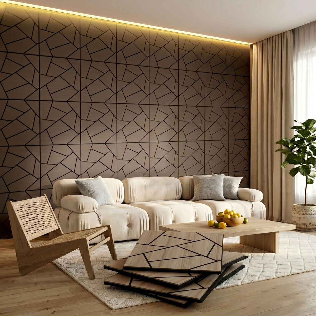 Halcyon Escape Abstract Polygon Acoustic Wood Slat Wall Tiles 4-Pack 24"x24", Modern 3D Wall Panels, Walnut - Wall Panel
