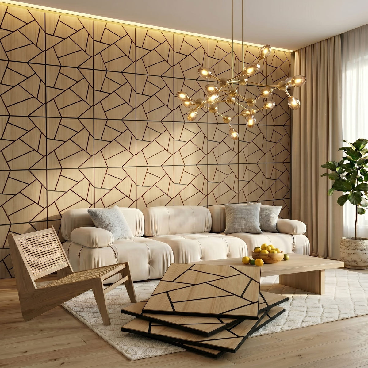 Halcyon Escape Abstract Polygon Acoustic Wood Slat Wall Tiles 4-Pack 24"x24", Modern 3D Wall Panels, Walnut - Wall Panel
