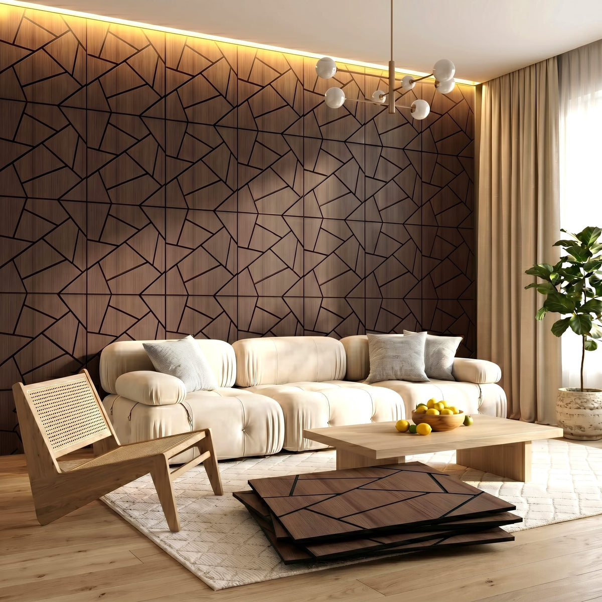 MuroPanel Abstract Polygon Acoustic Wood Slat Wall Tiles 4-Pack 24"x24", Modern 3D Wall Panels, Walnut