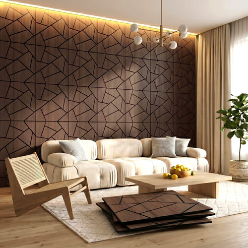 MuroPanel Abstract Polygon Acoustic Wood Slat Wall Tiles 4-Pack 24"x24", Modern 3D Wall Panels, Walnut