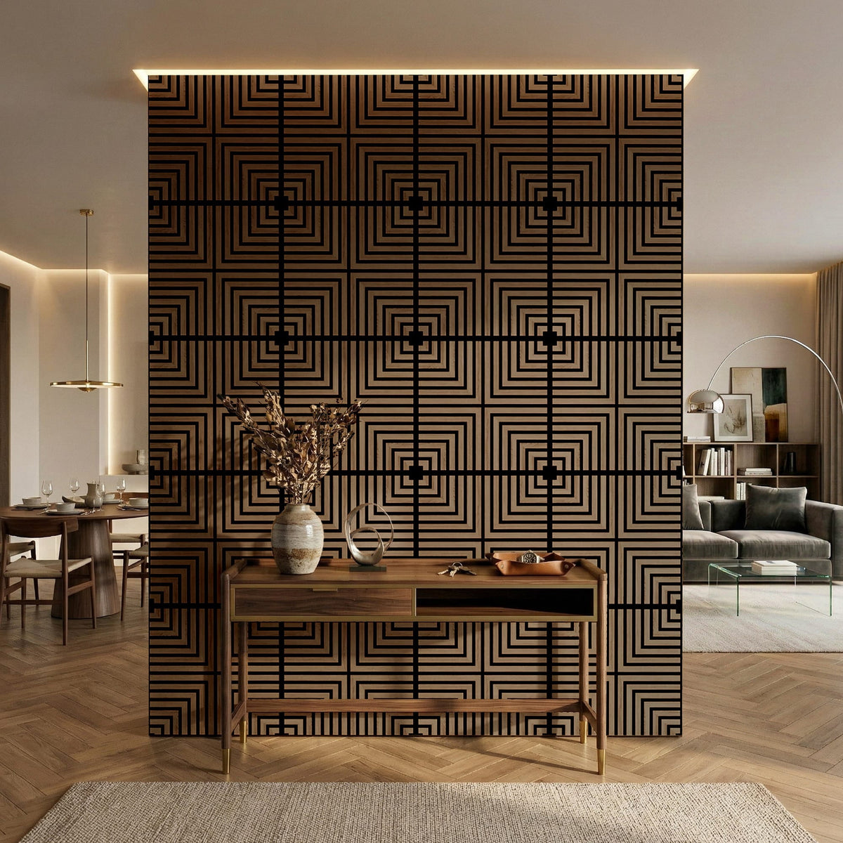 MuroPanel Concentric Square Acoustic Wood Slat Wall Tiles 4-Pack 24"x24", 3D Wall Panels, Walnut