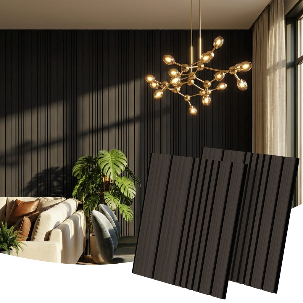 Halcyon Escape Dynamic Linear Acoustic Wood Slat Wall Tiles 4-Pack 24"x24", Modern Walnut 3D Wall Panels - Wall Panel