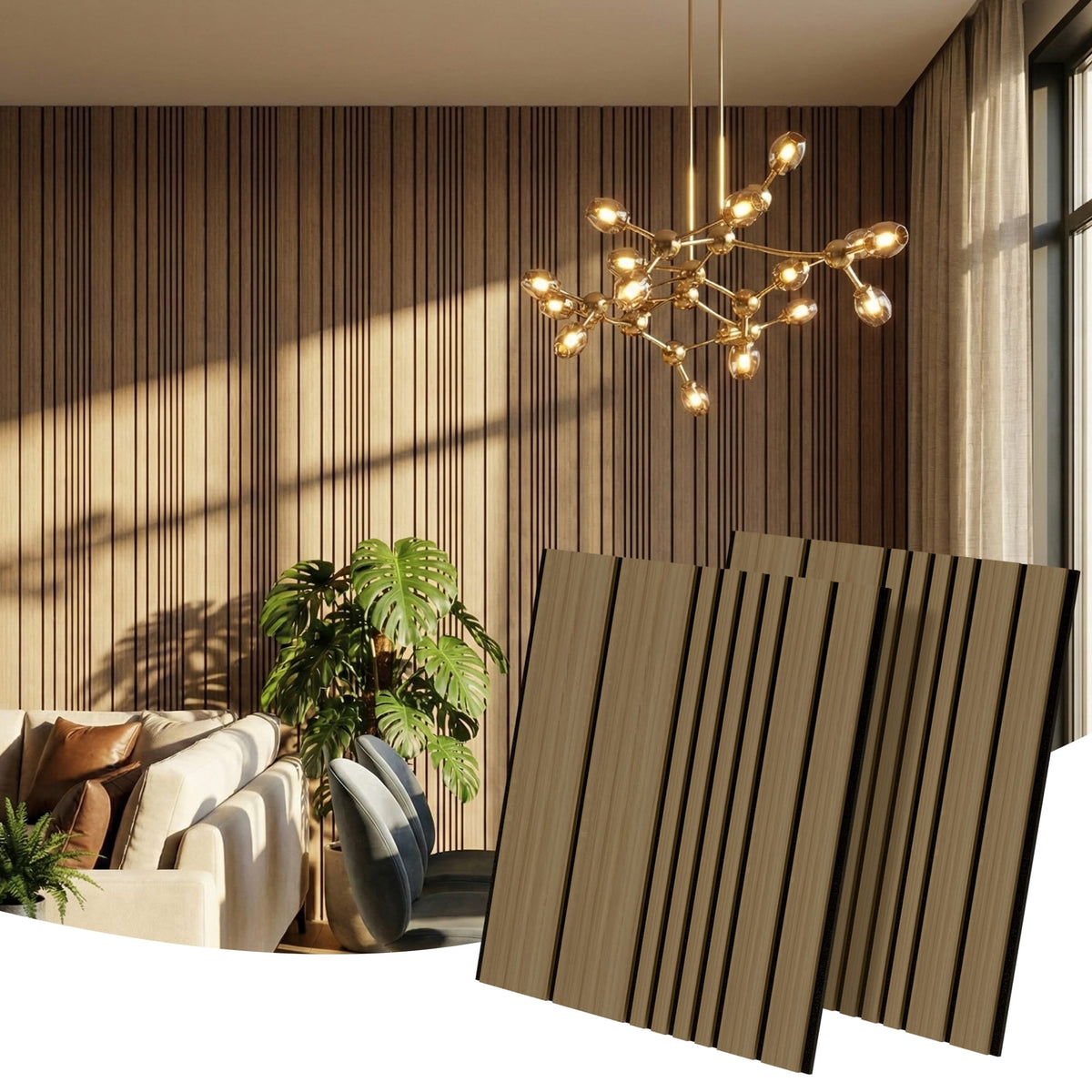 Halcyon Escape Dynamic Linear Acoustic Wood Slat Wall Tiles 4-Pack 24"x24", Modern Walnut 3D Wall Panels - Wall Panel