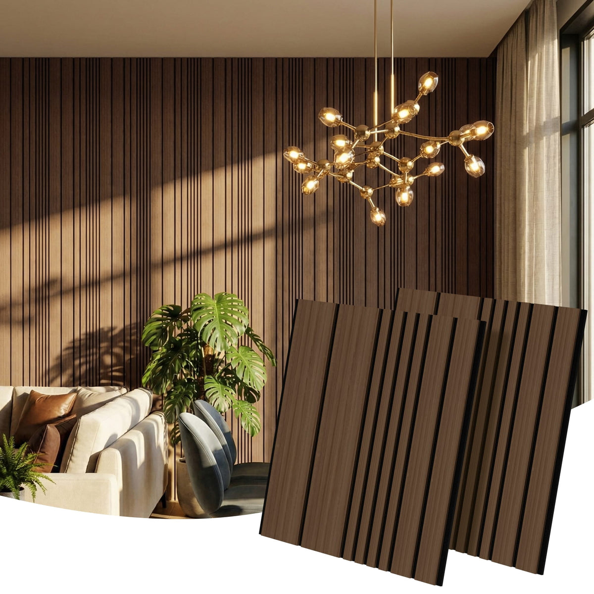 MuroPanel Dynamic Linear Acoustic Wood Slat Wall Tiles 4-Pack 24"x24", Modern Walnut 3D Wall Panels