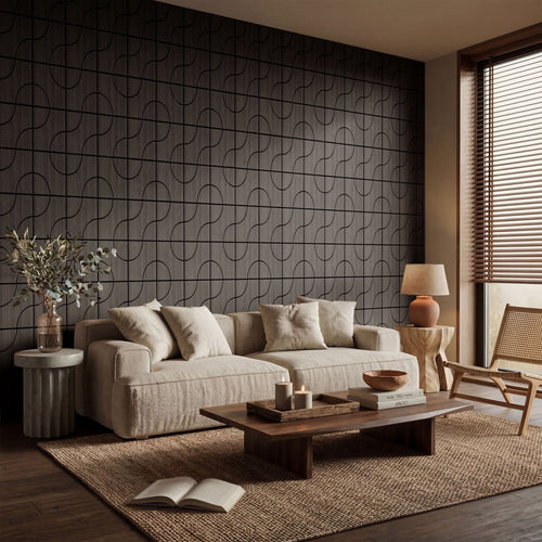 MuroPanel Geometric Curved Acoustic Wood Slat Wall Tiles 4-Pack 24"x24", Modern Black 3D Wall Panels