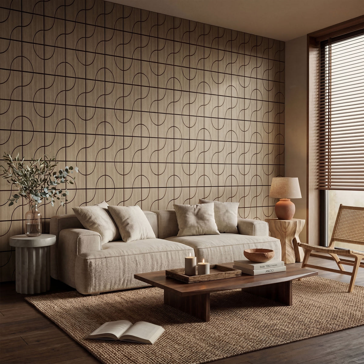 Halcyon Escape Geometric Curved Acoustic Wood Slat Wall Tiles 4-Pack 24"x24", Modern Black 3D Wall Panels - Wall Panel