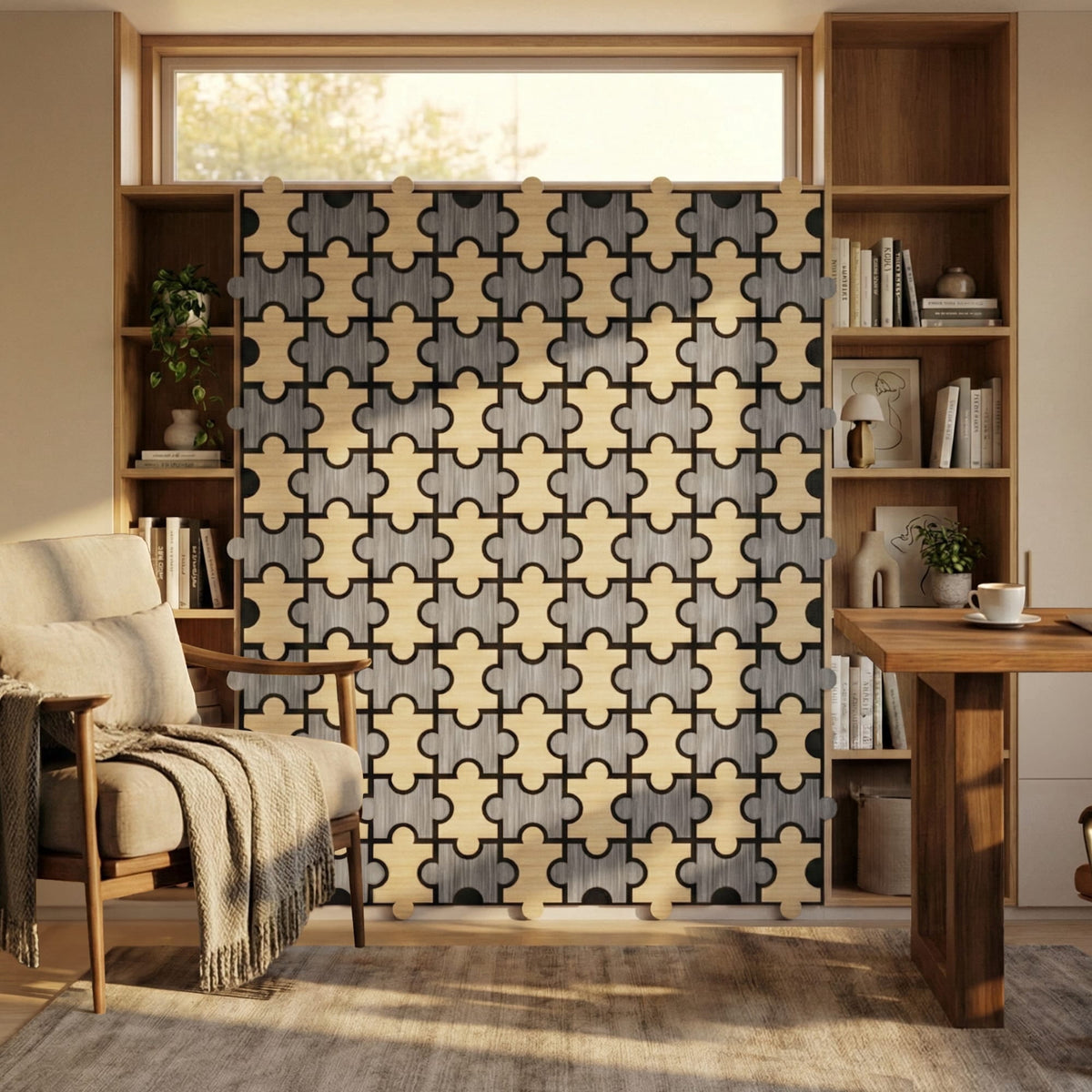 Halcyon Escape Interlocking Jigsaw Acoustic Wood Slat Wall Tiles 4-Pack 24"x24", 3D Wall Panels, Caramel - Wall Panel