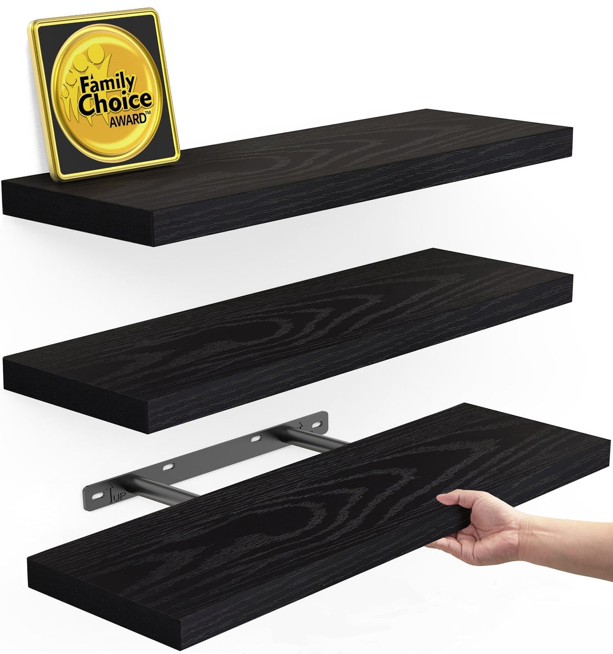 Ophanie 22.5 inch 3 Pack Wood Floating Shelves, Hanging Float Shelf for Wall Mounted Decorative Shelves, 6.7 x 23 Inch, Set of 3, Black