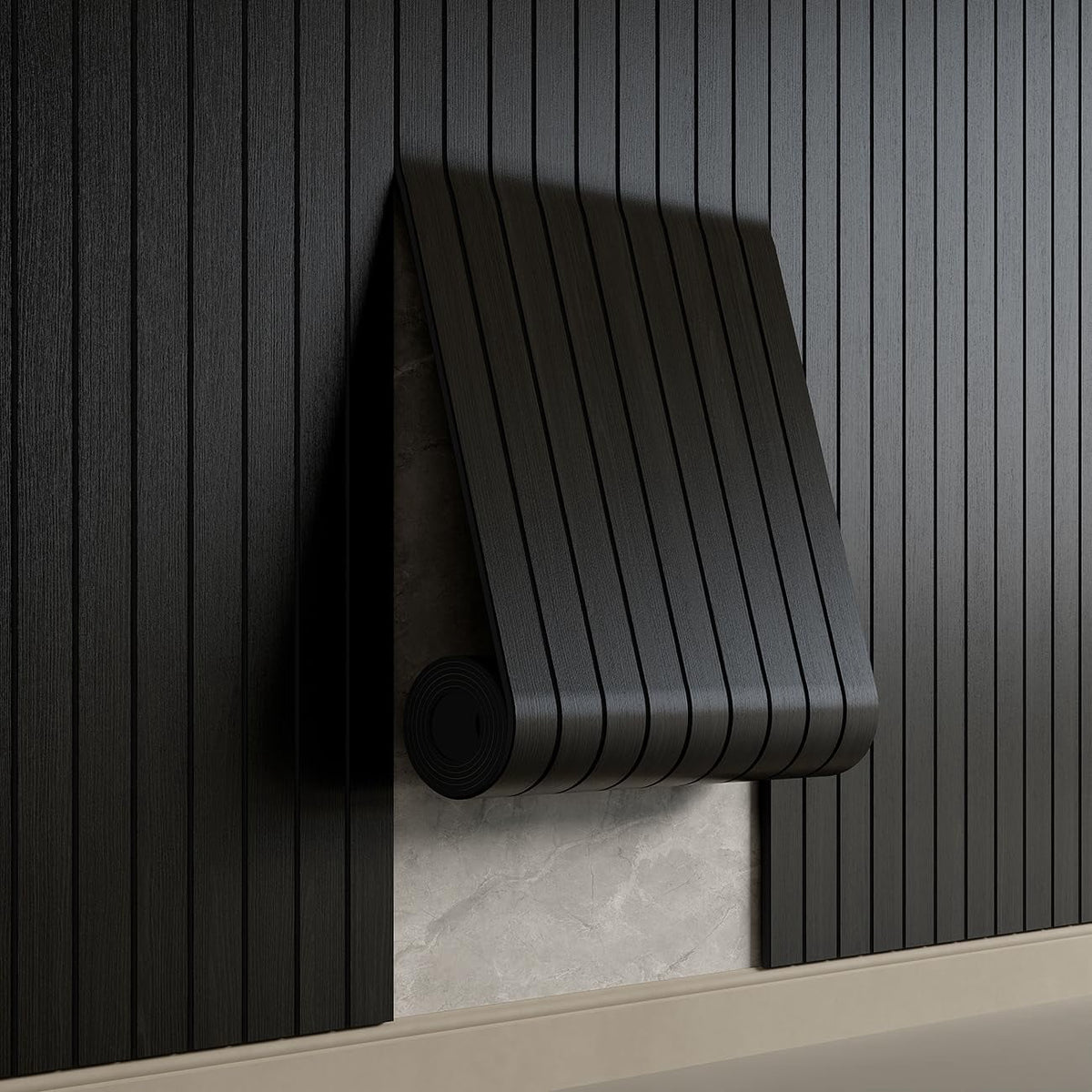 Peel and Stick PVC Slat Wall Panel 118"x15.75" Self-Adhesive Thick Faux Black Wood Grain Wallpaper Panel 3D Soundproof Wall Panels for Walls & Ceilings