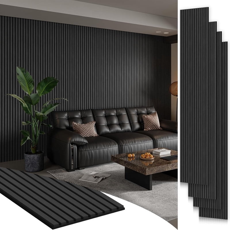 Plank & Hue 4Pcs 106"x12.6" Soundproof Wood Slat Panels Acoustic Wall and Ceiling Panels, Dark Gray