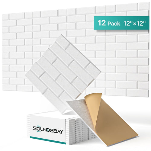 Soundsbay Acoustic Panels Sound Proofing Brick Self-Adhesive Soundproof Absorbing Noise Cancelling Wall Panels 12 Pack White 12'' x 12'' x 0.4''