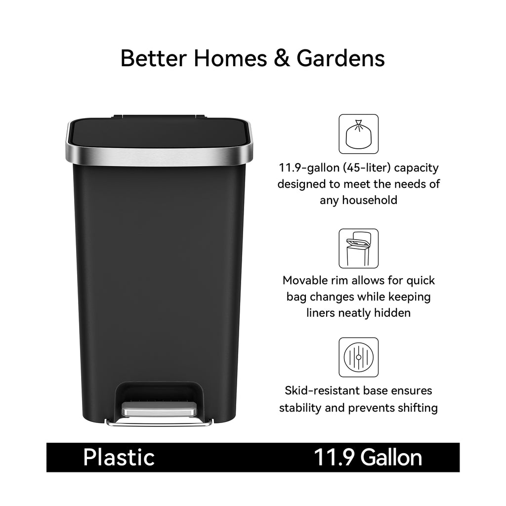 Better Homes & Gardens 11.9 Gallon Plastic Step Kitchen Trash Can with Soft Close Lid, Black