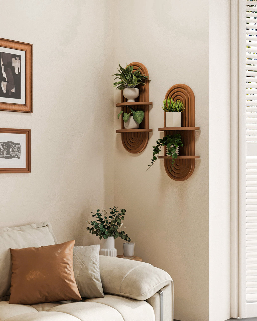 Bamworld Boho Wall Decor Brown Plant Wall Shelf, 2 pcs Mid Century Modern Decor Hanging Plant Shelf, 2-Tier Wooden Floating Shelves for Bathroom, Living Room, Bedroom, Office Planter Decoration
