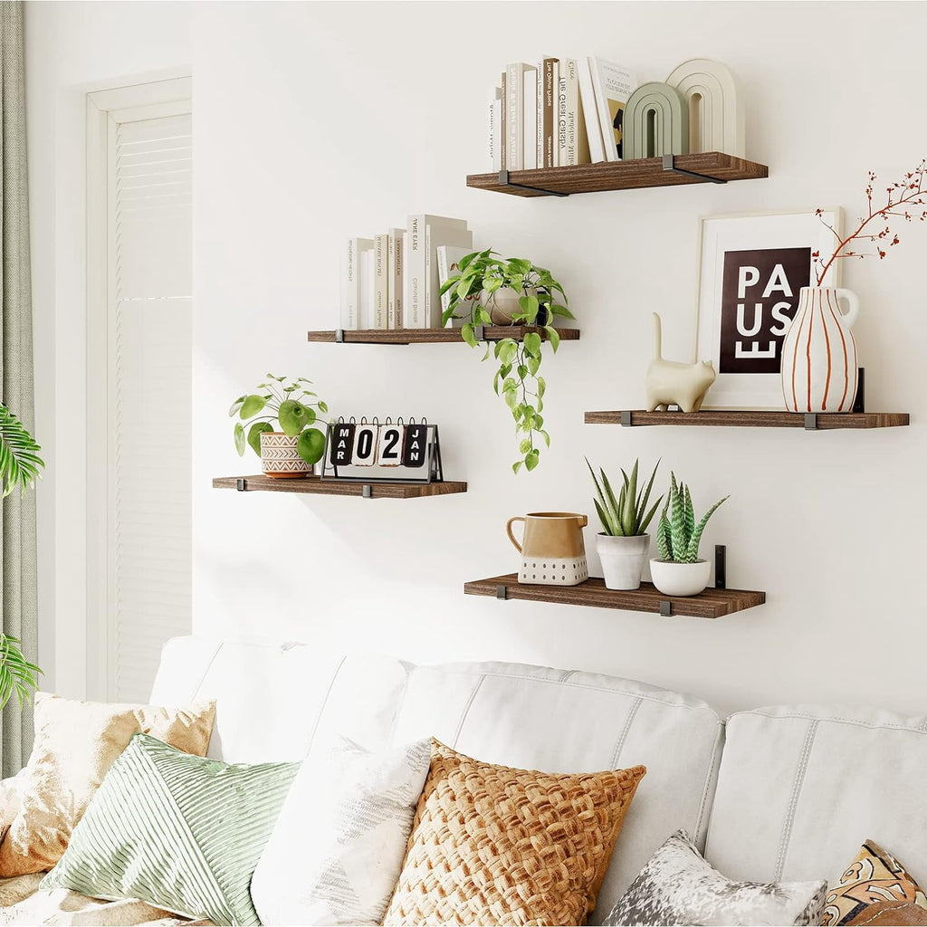 Fairy Floating Shelves, Rustic Wood Wall Storage Shelves Set of 5, 15.7in x 4.7in x 0.6in, Dark Carbonized Black