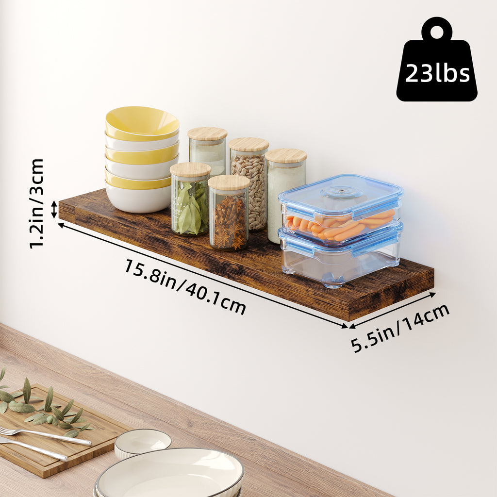 Tomnk 15.8" Floating Wall Shelves, Rustic Brown Wood Wall Shelf Set of 4, Invisible Brackets for Bathroom, Bedroom, Living Room, Kitchen