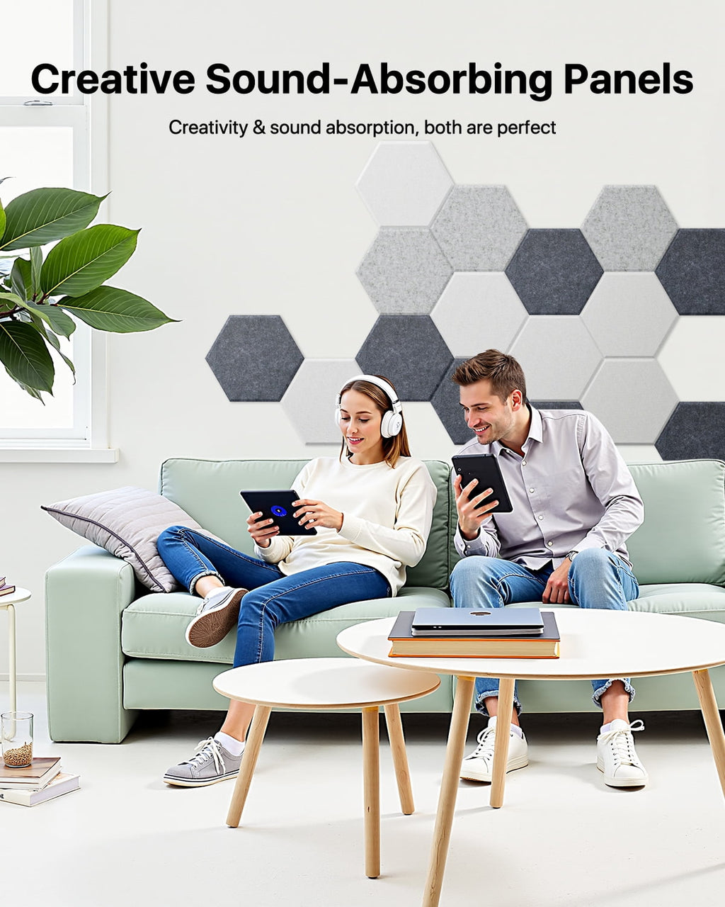 Soundsbay Acoustic Wall Panels Hexagon Self-Adhesive Soundproof Absorbing Noise Cancelling Wall Panels 12 Pack White 12'' x 10'' x 0.4''