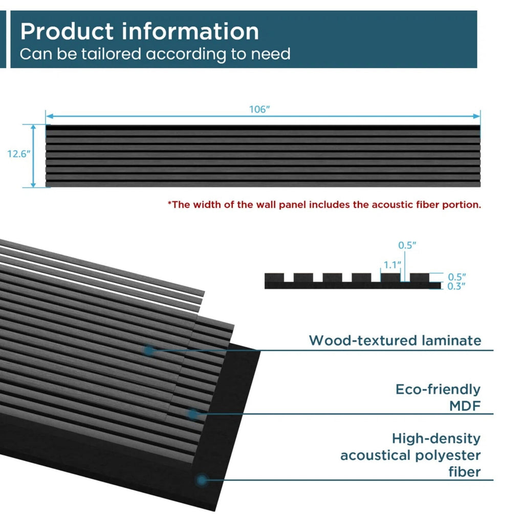 Plank & Hue 4Pcs 106"x12.6" Soundproof Wood Slat Panels Acoustic Wall and Ceiling Panels, Dark Gray