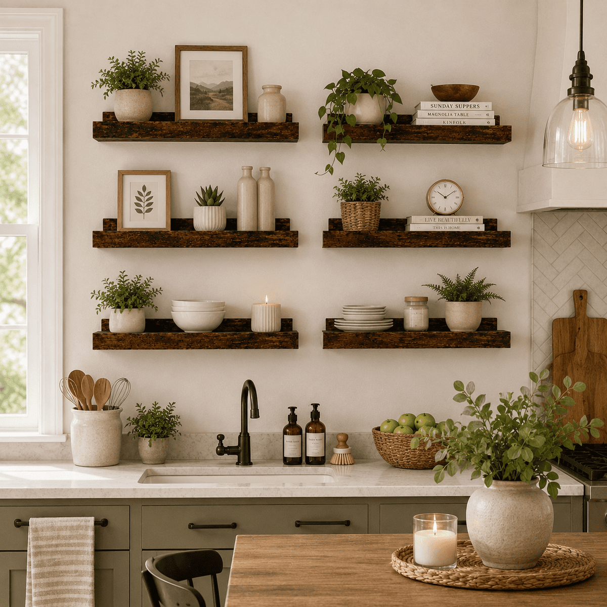 KAIWIN Floating Shelves for Wall, 15.7In Brown Wall Shelves for Decor Storage Set of 6, Wall Mounted Wood Shelves for Bedroom, Living Room, Bathroom, Kitchen