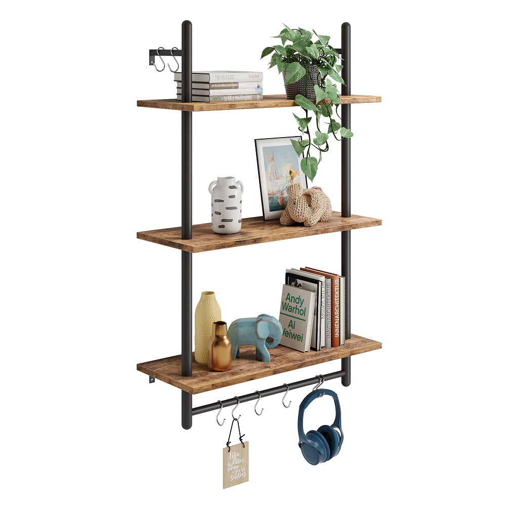 Bestier 38 inch Wall Mounted Floating Shelves with Towel Bar & Hooks Bookshelf in Rustic
