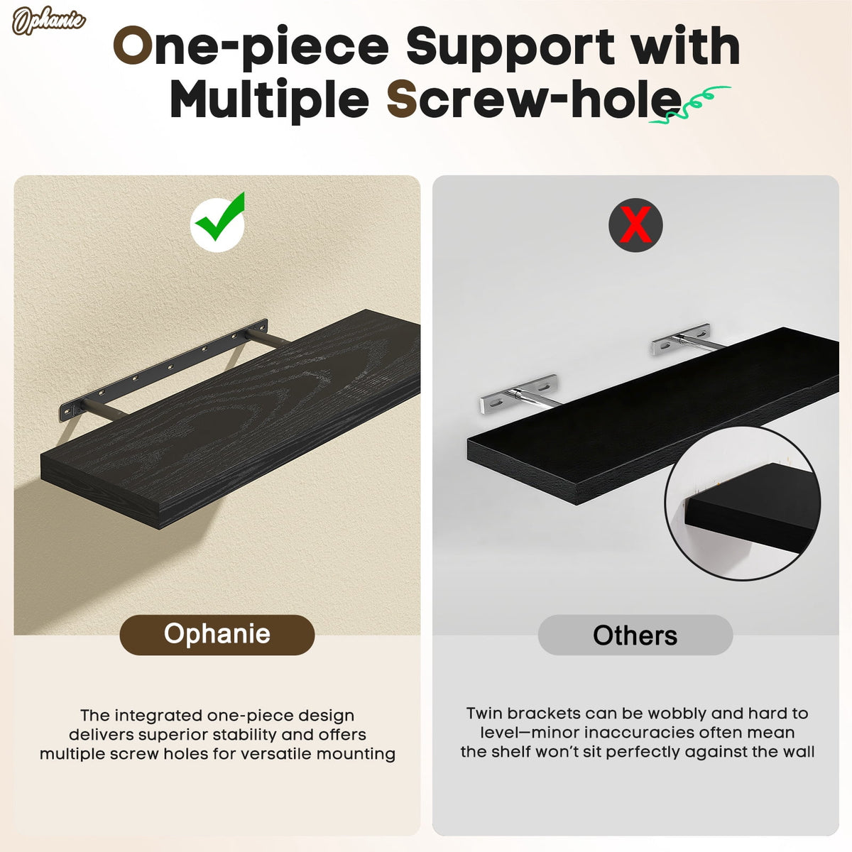 Ophanie 22.5 inch 3 Pack Wood Floating Shelves, Hanging Float Shelf for Wall Mounted Decorative Shelves, 6.7 x 23 Inch, Set of 3, Black