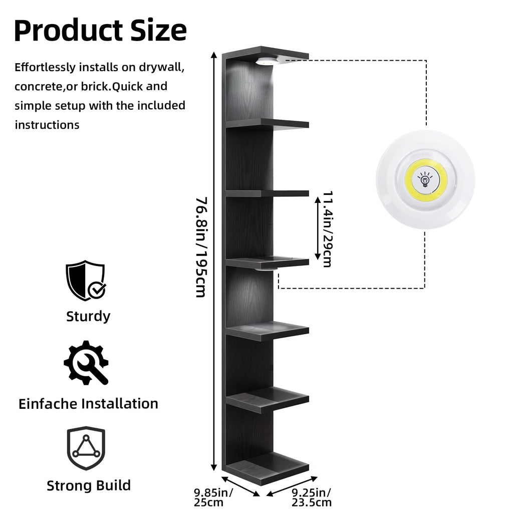 Fairy Black Wall Mounted Display Shelf with LED Lights, 7-Level Floating Storage Rack for Bedroom, Living Room, Closet Decor