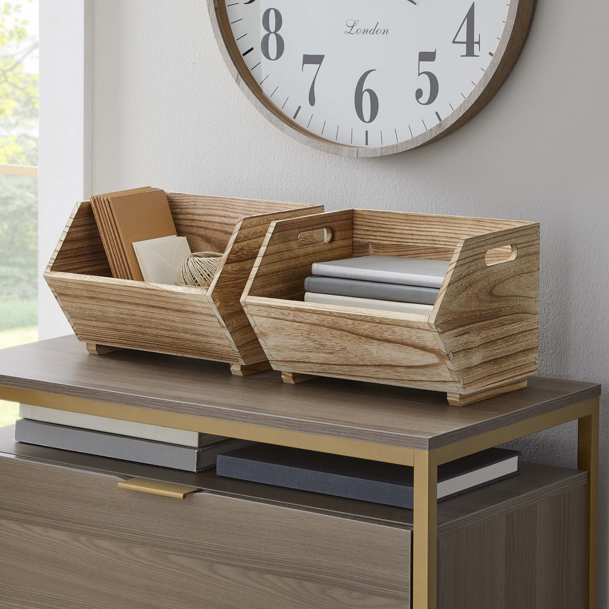 Better Homes & Gardens 2-Piece Set Natural Wood Stacking Open Front Decorative Storage Bins, 11 in x 16.5 in x 10 in