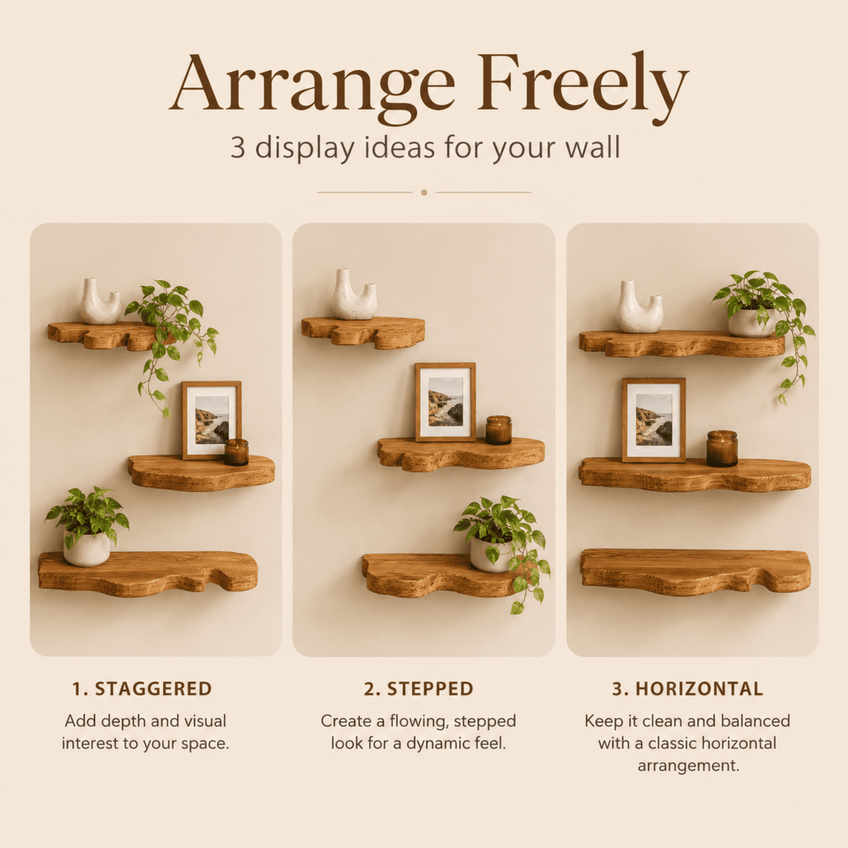 MEHOOM Set of 3 Live Edge Solid Wooden Floating Shelves, Rustic Farmhouse Vintage Wall Shelf Display Decor for Living Room, Bathroom, Bedroom, Brown