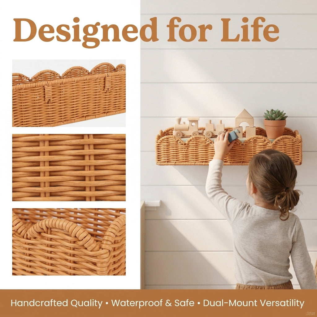 HBK Rattan Nursery Book Shelves Set of 2, Scalloped Wall Mounted Bookshelf for Kids Room, Boho Floating Shelf, 15.7 in