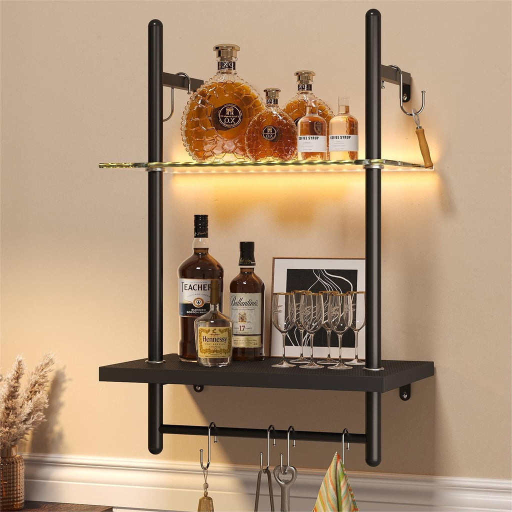 Bestier 2-Tier Floating Shelves for Wall with LED Light 15" x 23" Wall-Mounted Wood Shelves with 6 S-Hooks, Black Carbon Fiber