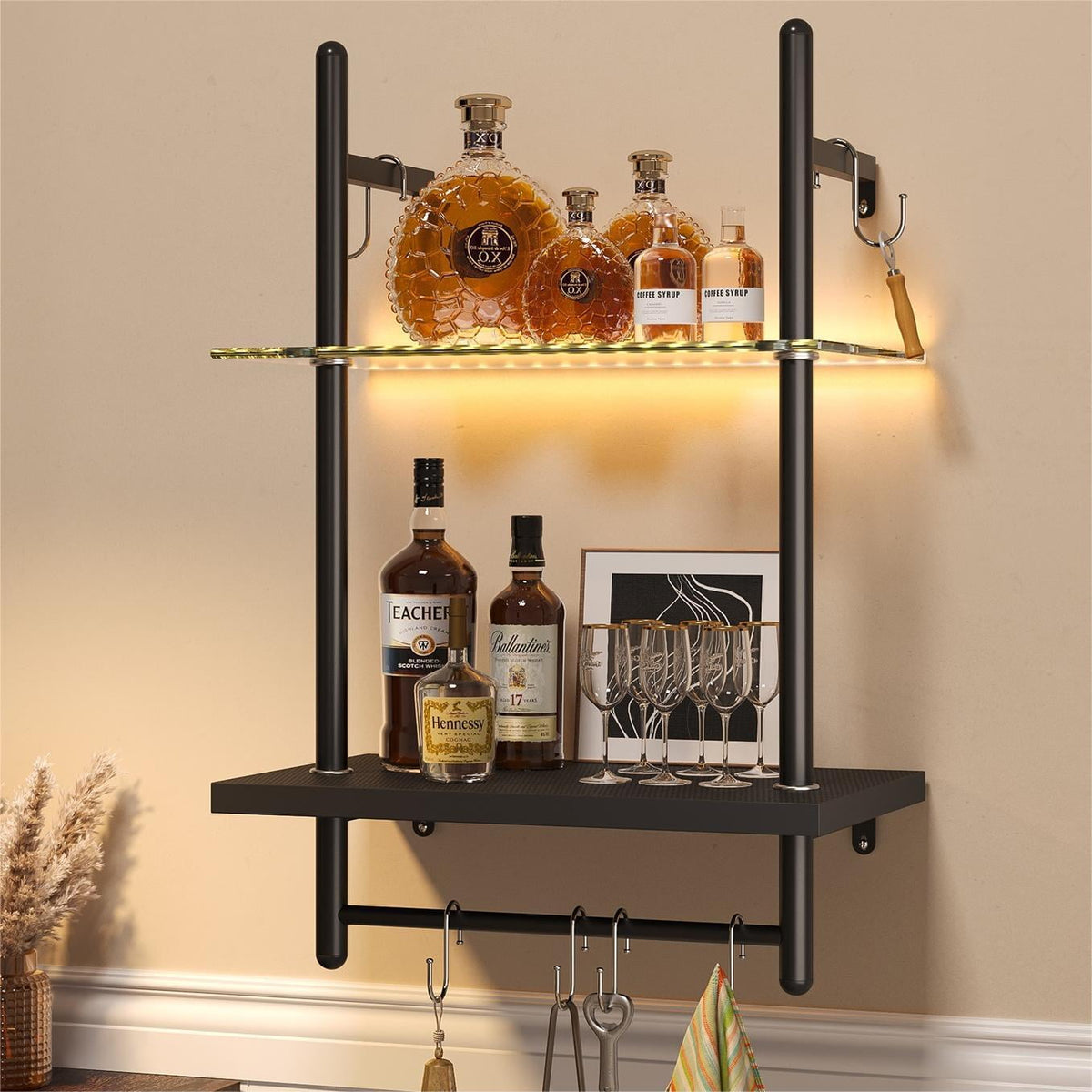 Bestier 2-Tier Floating Shelves for Wall with LED Light 15" x 23" Wall-Mounted Wood Shelves with 6 S-Hooks, Black Carbon Fiber