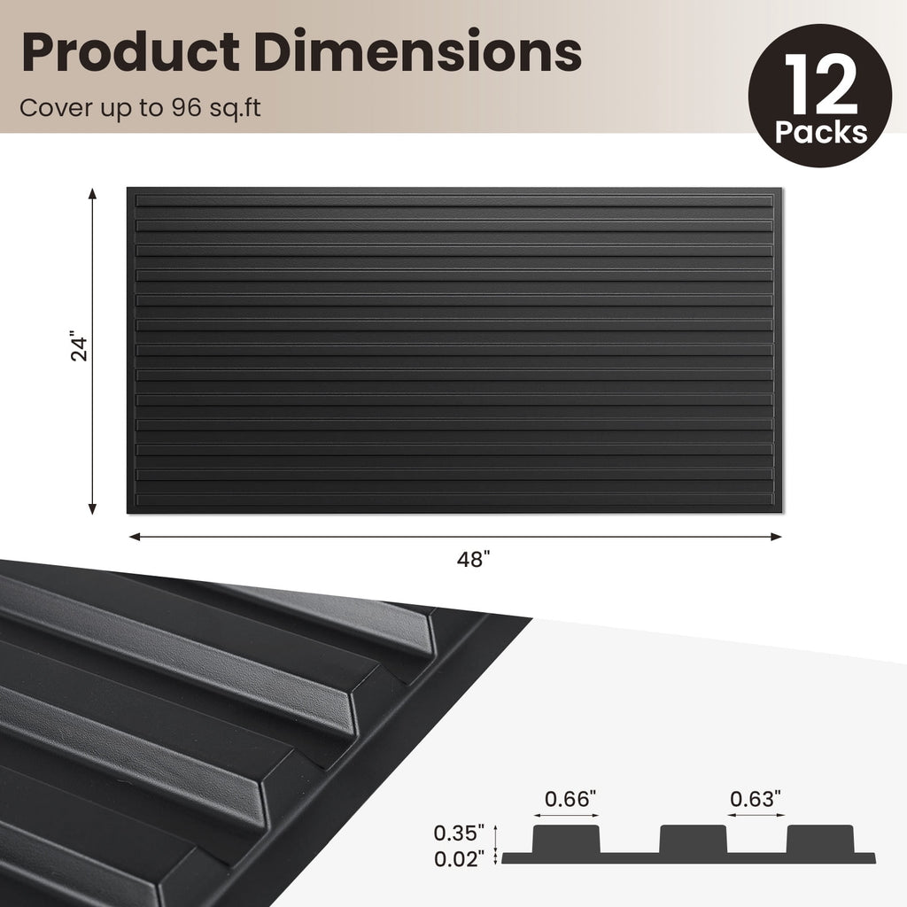 Costway 12-Pack PVC Slat Wall Panels, 3D Fluted Panels for Interior Wall Decoration Black